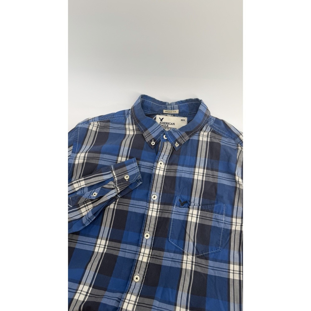American Eagle Outfitters Men Button-Up Size XL Blue Athletic Plaid 100% Cotton